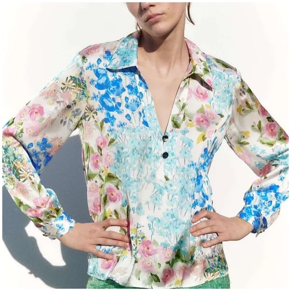 Zara Floral Blouse - Blue, Pink, Green - Picture 4 of 4